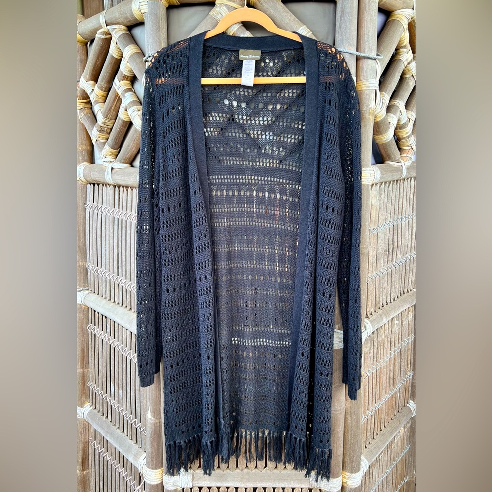 Tommy Bahama Black Linen Cotton Crocheted Cardigan With Fringe Size XL